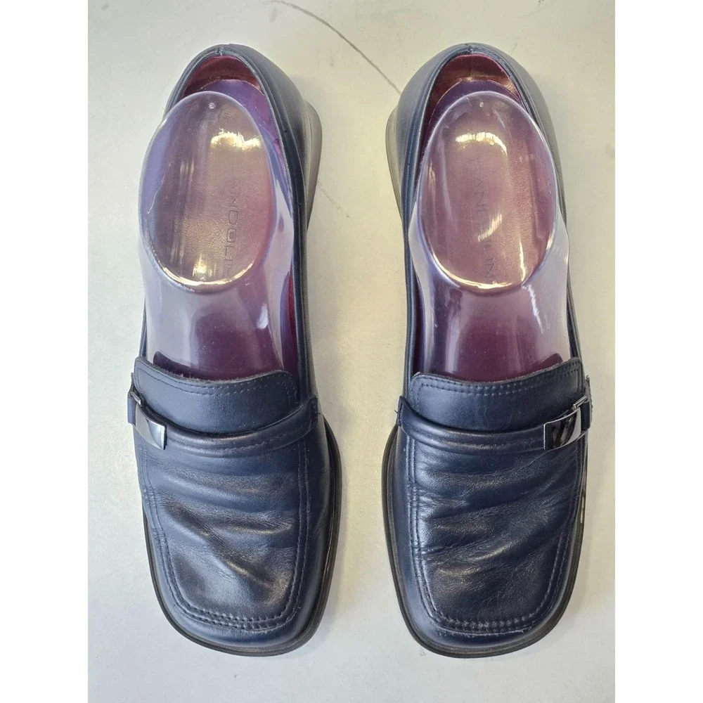 Bandolino Women's Loafers Size 7.5 M Navy Leather Slip‎ On Heels Shoes Vintage